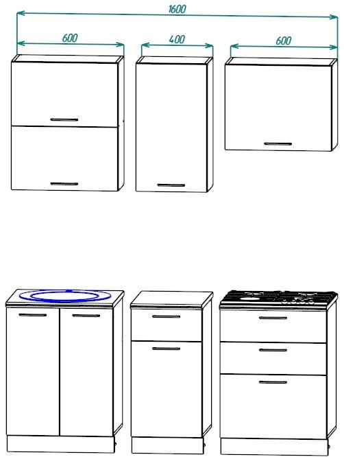 Modul o‘lchamlari chizmasi: 600 + 400 + 600 = 1600 mm